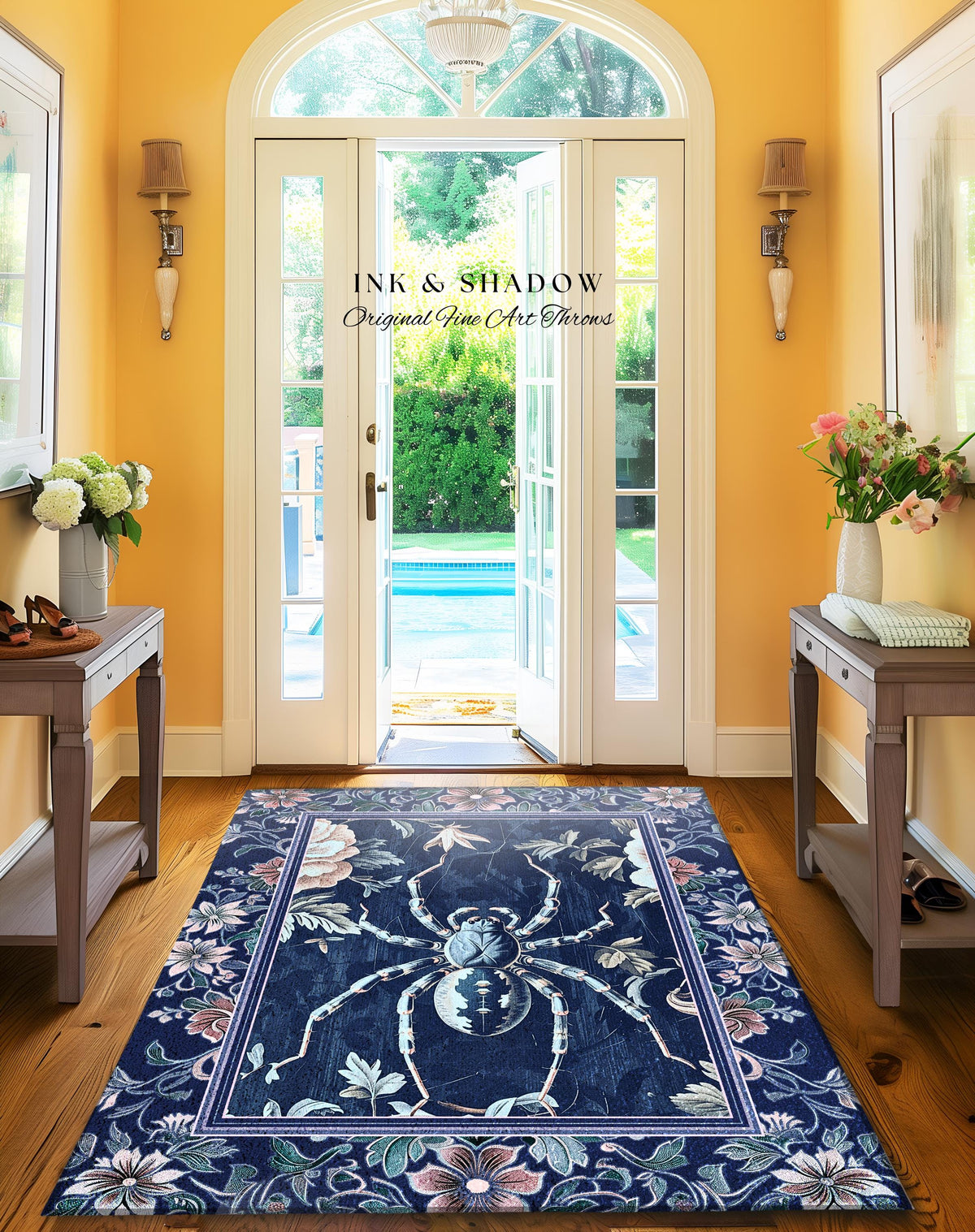 French Baroque Antique Blue Botanical Spider Rug Gothic Victorian Cottagecore Decor | Whimsical Vintage Enchanted Nature Flora Home Accent