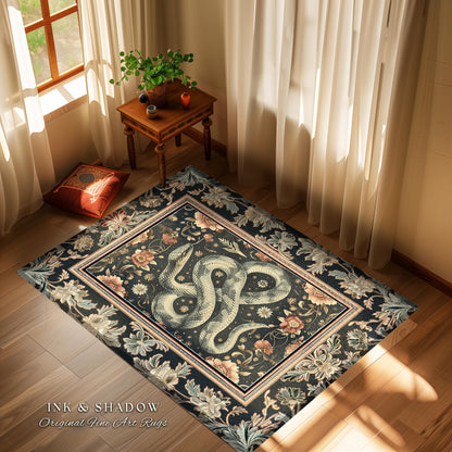 Victorian Gothic Dark Floral Snake Rug Enchanted Forest Art Nouveau Soft Cottagecore Decor | Whimsigoth Whimsical Botanical Serpent Art Rug