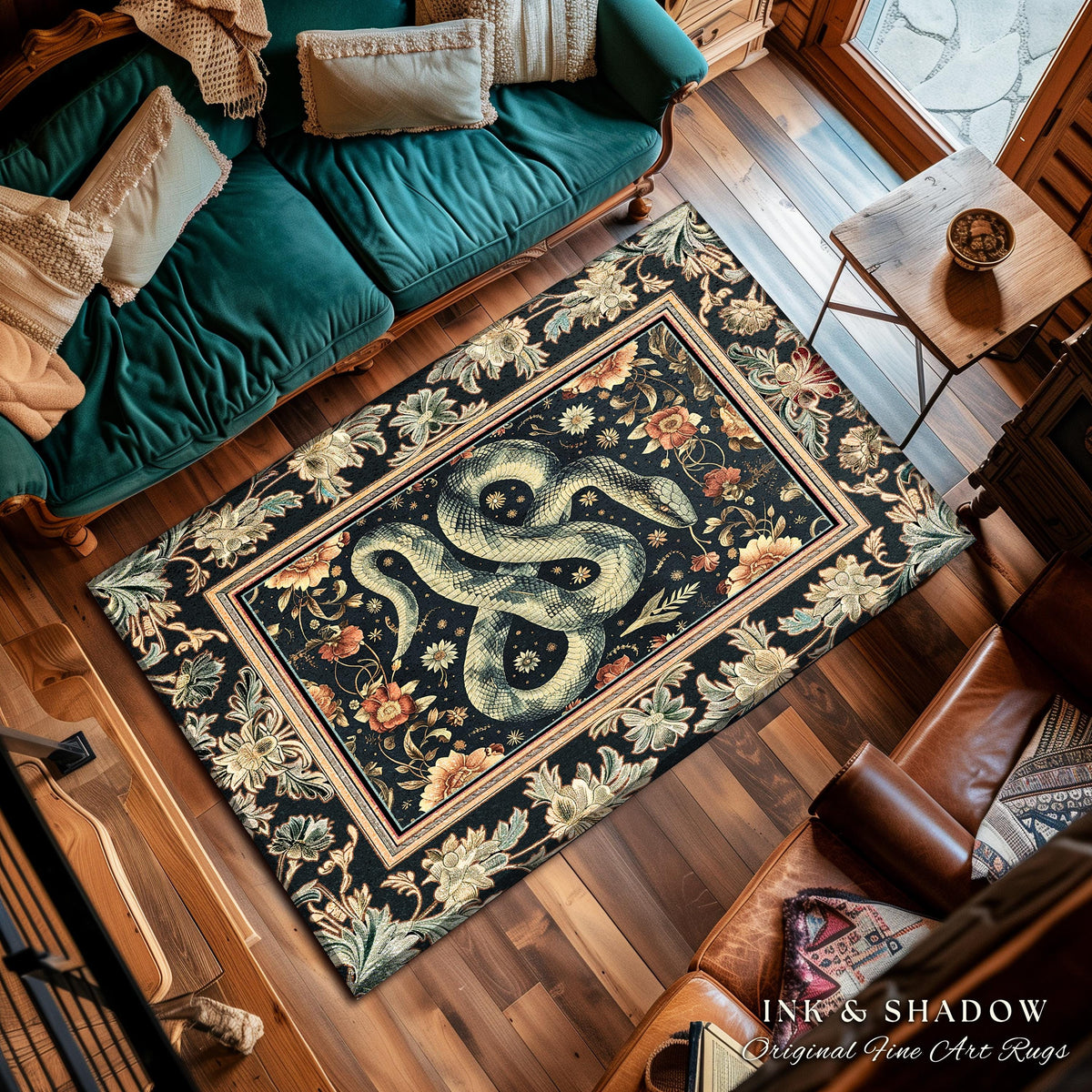 Victorian Gothic Dark Floral Snake Rug Enchanted Forest Art Nouveau Soft Cottagecore Decor | Whimsigoth Whimsical Botanical Serpent Art Rug