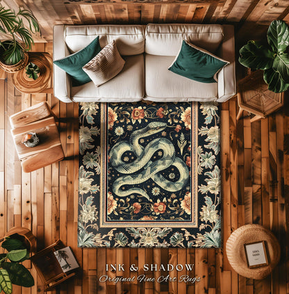 Victorian Gothic Dark Floral Snake Rug Enchanted Forest Art Nouveau Soft Cottagecore Decor | Whimsigoth Whimsical Botanical Serpent Art Rug