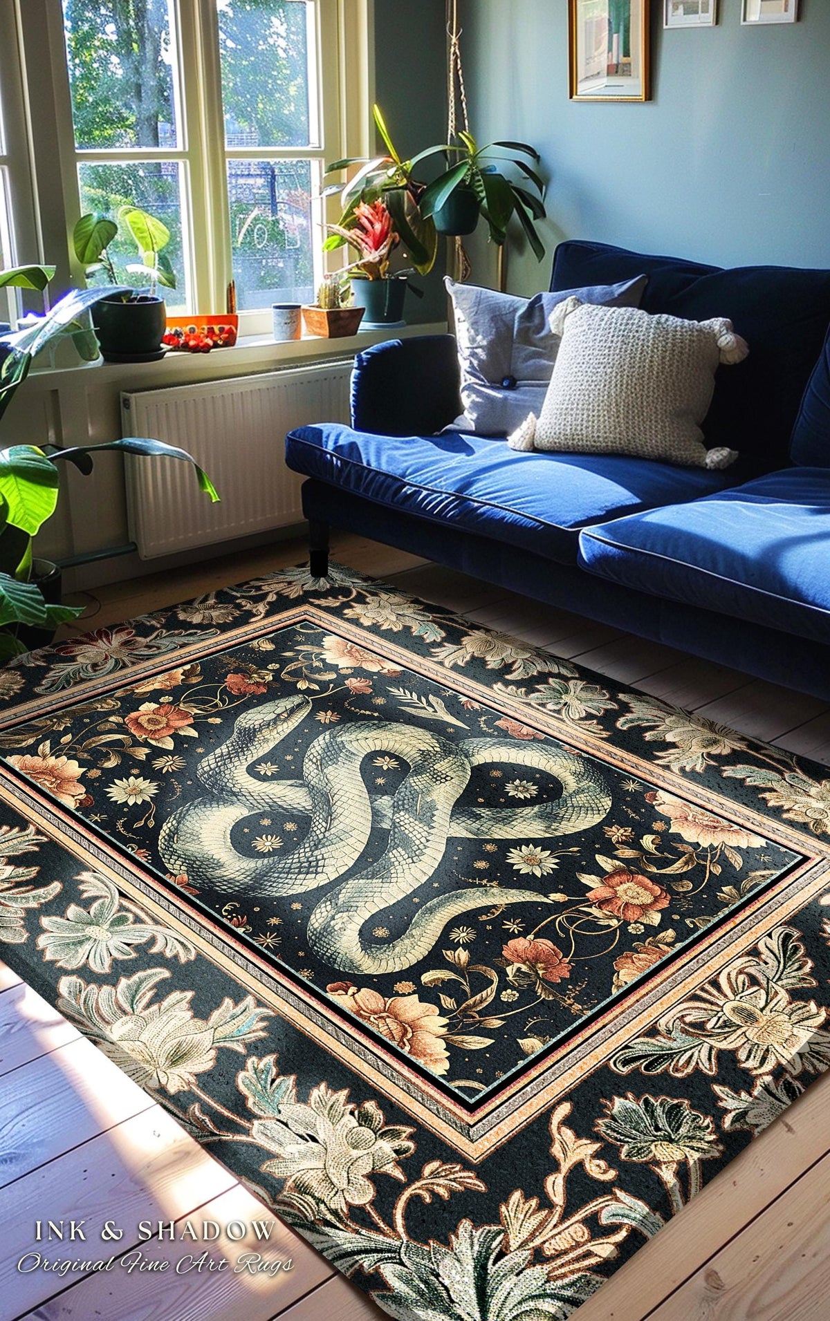 Victorian Gothic Dark Floral Snake Rug Enchanted Forest Art Nouveau Soft Cottagecore Decor | Whimsigoth Whimsical Botanical Serpent Art Rug