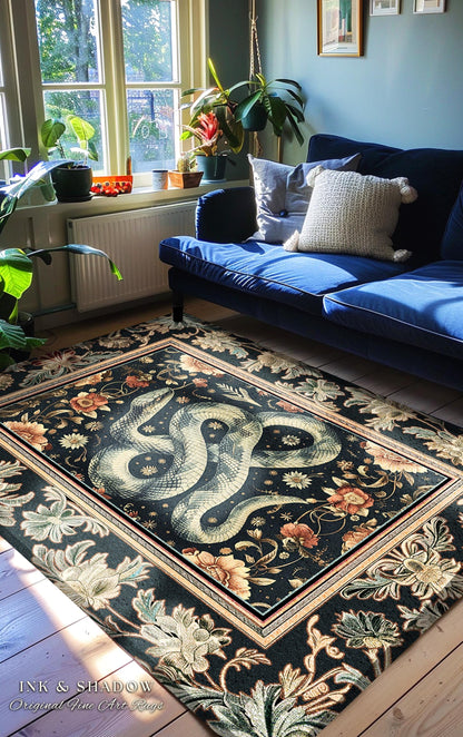 Victorian Gothic Dark Floral Snake Rug Enchanted Forest Art Nouveau Soft Cottagecore Decor | Whimsigoth Whimsical Botanical Serpent Art Rug