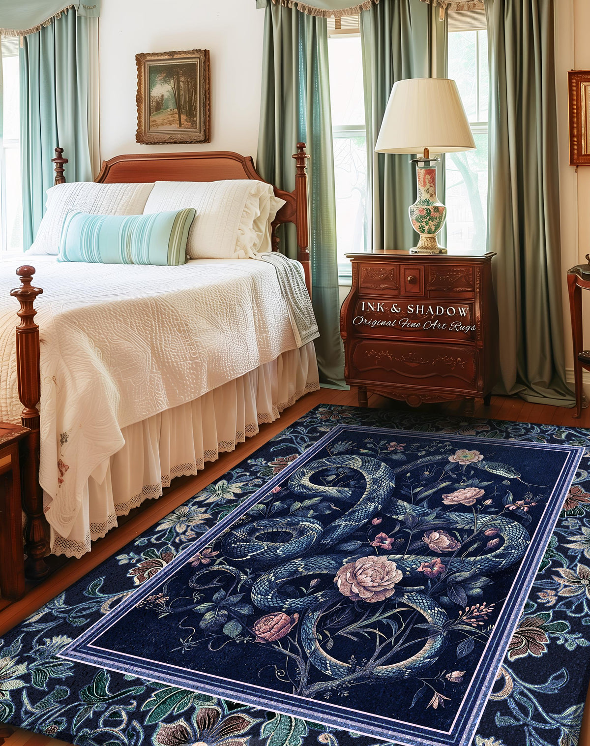 Midnight Blue Dark Floral Serpent Rug Whimsical Vintage Botanical Snake Fairycore | Victorian Gothic Mystic Macabre Art Enchanted Forestcore