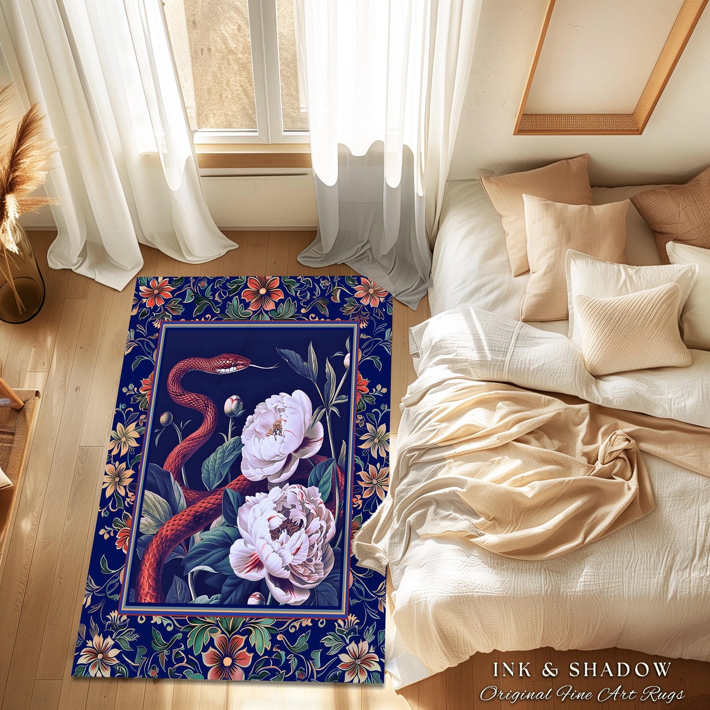 Moody Dark Botanical Serpent Enchanted Floral Rug Exotic Gothic Aesthetic, Ethereal Woodland Snake Victorian Art Nouveau Midnight Blue Decor