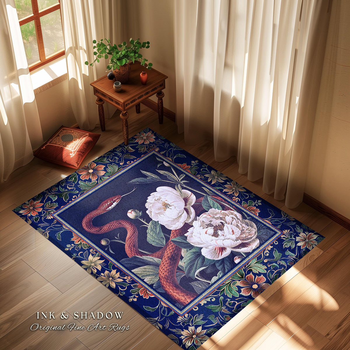 Moody Dark Botanical Serpent Enchanted Floral Rug Exotic Gothic Aesthetic, Ethereal Woodland Snake Victorian Art Nouveau Midnight Blue Decor