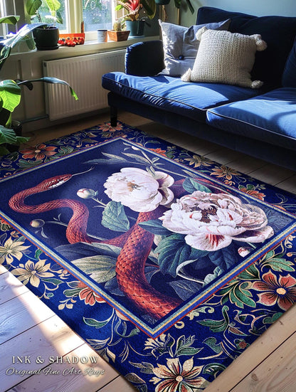 Moody Dark Botanical Serpent Enchanted Floral Rug Exotic Gothic Aesthetic, Ethereal Woodland Snake Victorian Art Nouveau Midnight Blue Decor
