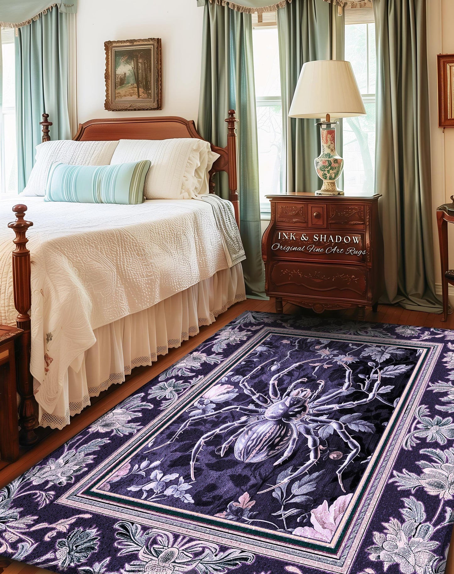 Whimsigothic Purple Spider Rug | Pastel Gothic Victorian Cottagecore Home Decor Witchy Whimsical Enchanted Nature Amethyst Home Accent |