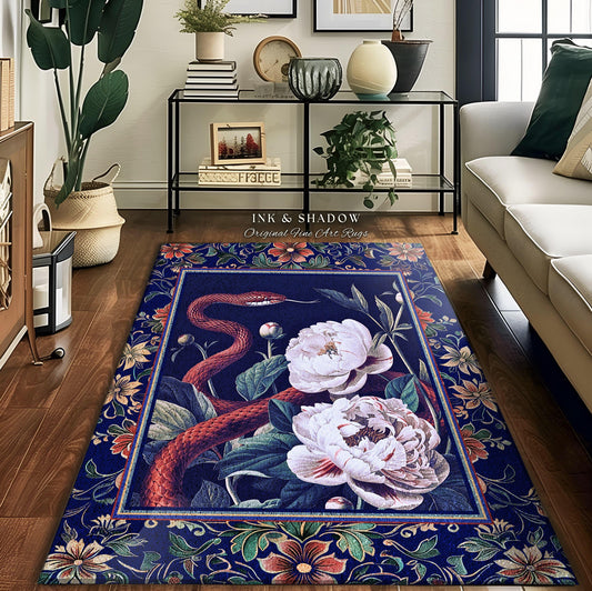 Moody Dark Botanical Serpent Enchanted Floral Rug Exotic Gothic Aesthetic, Ethereal Woodland Snake Victorian Art Nouveau Midnight Blue Decor