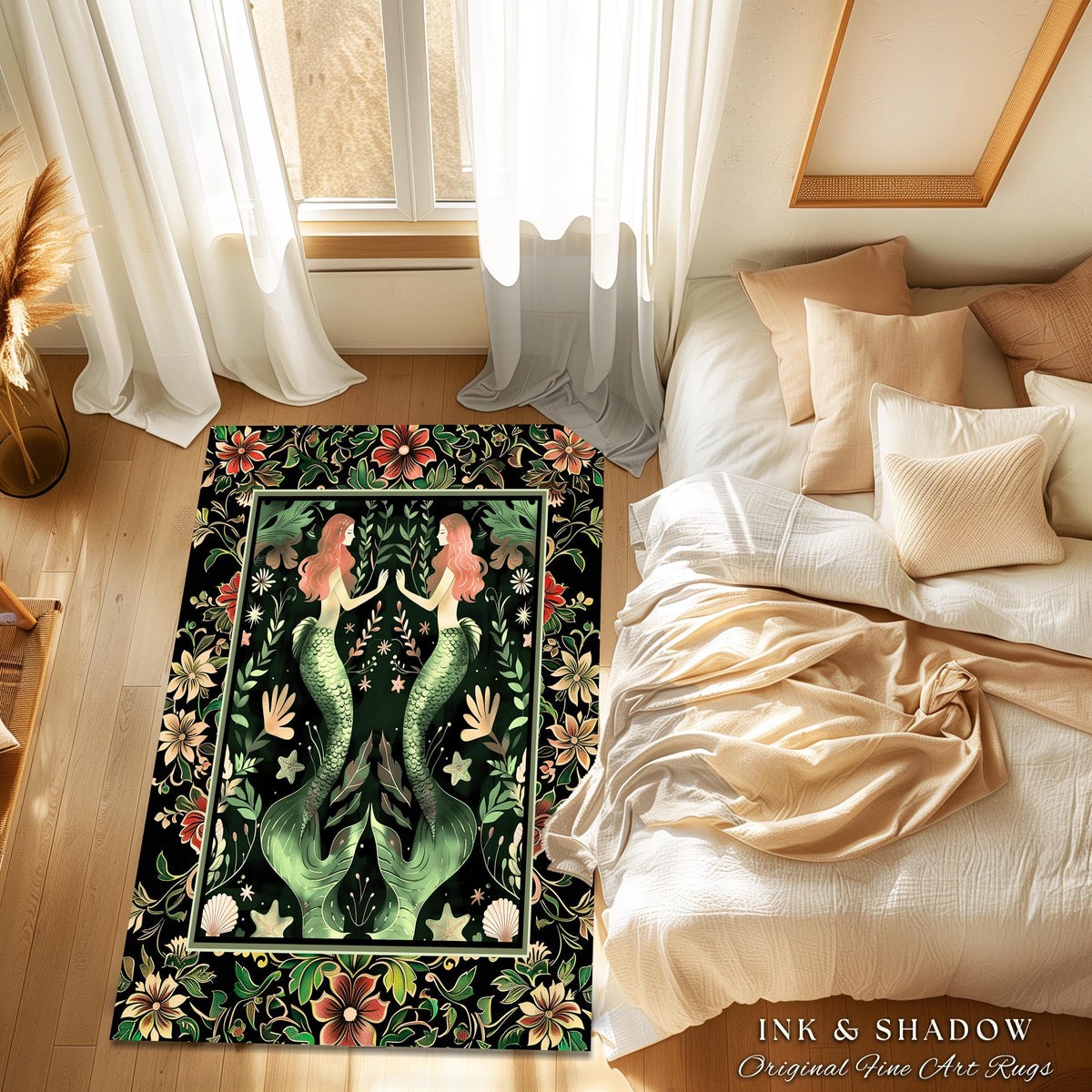 Enchanted Ocean Mermaid Floral Sea Life Rug | Vintage Emerald Green Whimsical Coastal Cottagecore Art Nouveau Underwater Fantasy Ocean Decor