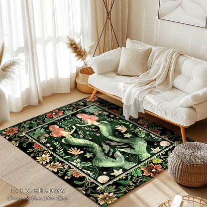 Enchanted Ocean Mermaid Floral Sea Life Rug | Vintage Emerald Green Whimsical Coastal Cottagecore Art Nouveau Underwater Fantasy Ocean Decor