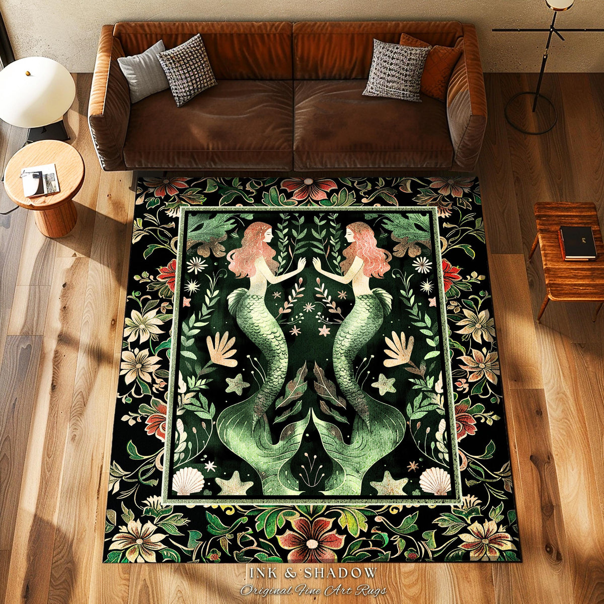 Enchanted Ocean Mermaid Floral Sea Life Rug | Vintage Emerald Green Whimsical Coastal Cottagecore Art Nouveau Underwater Fantasy Ocean Decor