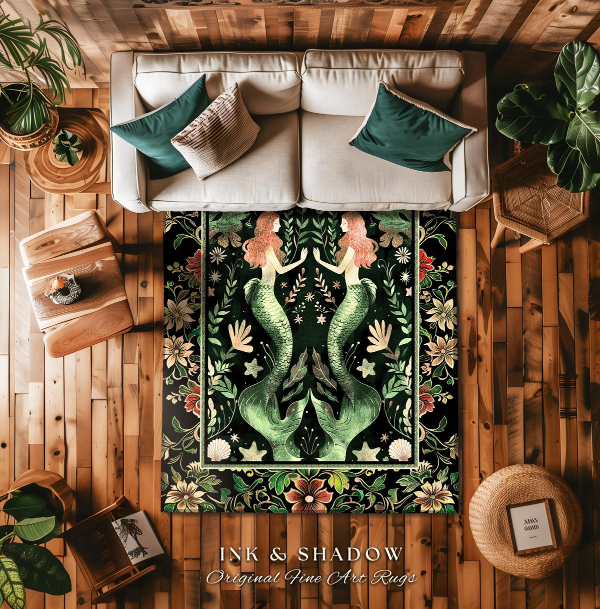 Enchanted Ocean Mermaid Floral Sea Life Rug | Vintage Emerald Green Whimsical Coastal Cottagecore Art Nouveau Underwater Fantasy Ocean Decor