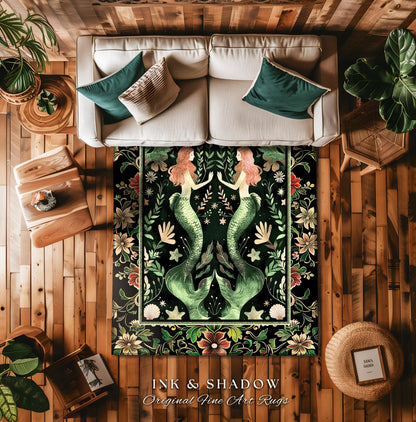 Enchanted Ocean Mermaid Floral Sea Life Rug | Vintage Emerald Green Whimsical Coastal Cottagecore Art Nouveau Underwater Fantasy Ocean Decor