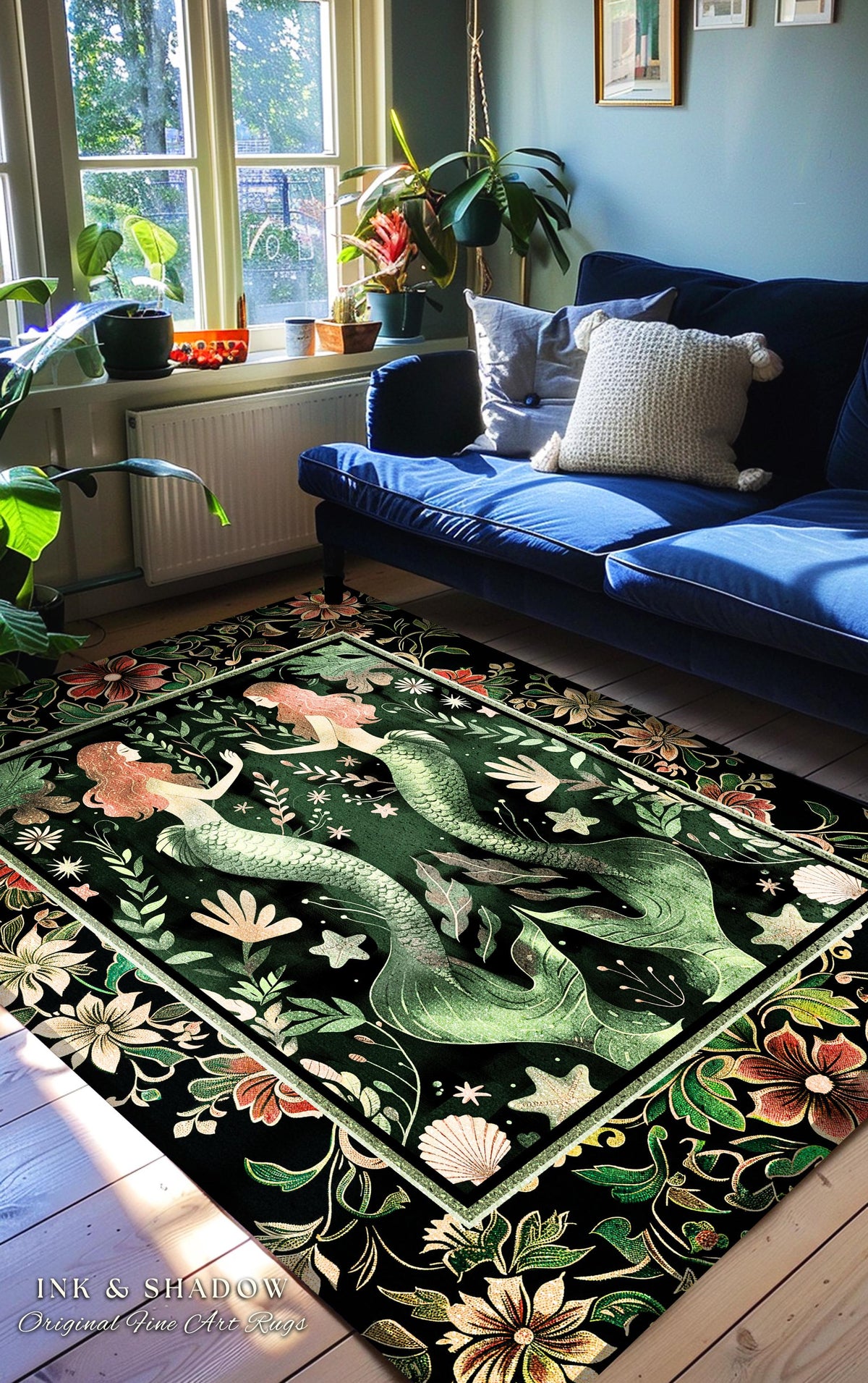 Enchanted Ocean Mermaid Floral Sea Life Rug | Vintage Emerald Green Whimsical Coastal Cottagecore Art Nouveau Underwater Fantasy Ocean Decor