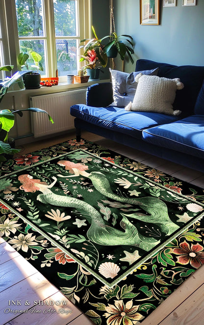 Enchanted Ocean Mermaid Floral Sea Life Rug | Vintage Emerald Green Whimsical Coastal Cottagecore Art Nouveau Underwater Fantasy Ocean Decor