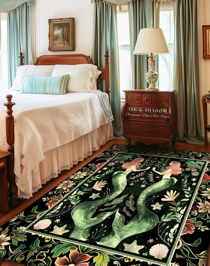 Enchanted Ocean Mermaid Floral Sea Life Rug | Vintage Emerald Green Whimsical Coastal Cottagecore Art Nouveau Underwater Fantasy Ocean Decor