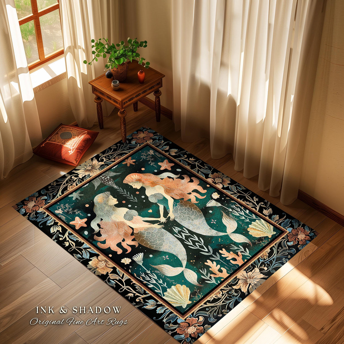 Whimsical Art Nouveau Mermaid Rug Costal Cottagecore | Enchanted Underwater Folklore Art Mystical Sea Nymph Nautical Marine Life Scene Decor
