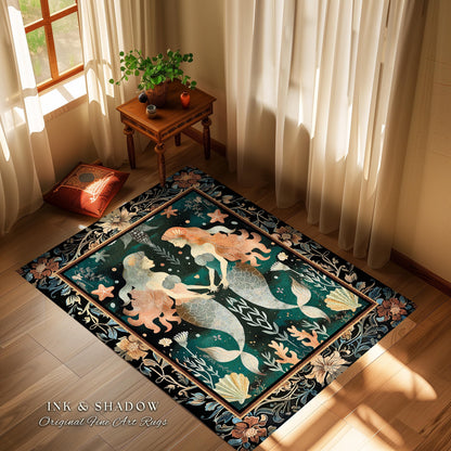 Whimsical Art Nouveau Mermaid Rug Costal Cottagecore | Enchanted Underwater Folklore Art Mystical Sea Nymph Nautical Marine Life Scene Decor