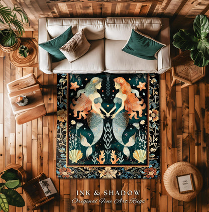 Whimsical Art Nouveau Mermaid Rug Costal Cottagecore | Enchanted Underwater Folklore Art Mystical Sea Nymph Nautical Marine Life Scene Decor