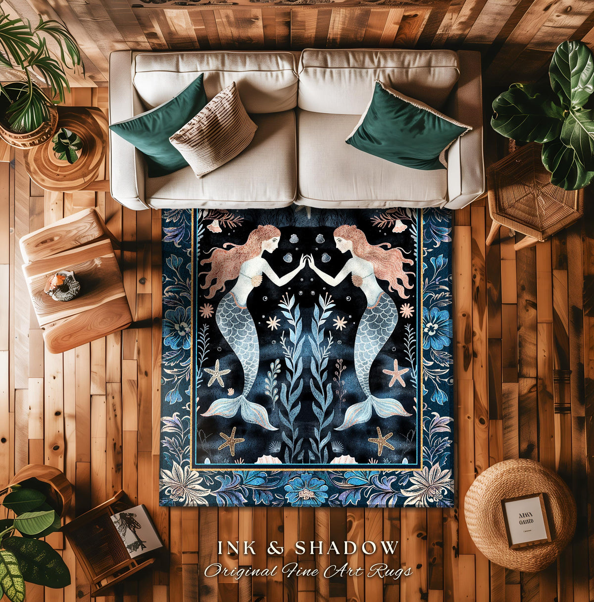 Mystical Midnight Blue Mermaid Rug Floral Oceanic Decor | Art Nouveau Coastal Cottagecore Whimsical Sea Nymph Nautical Fantasy Floor Accent