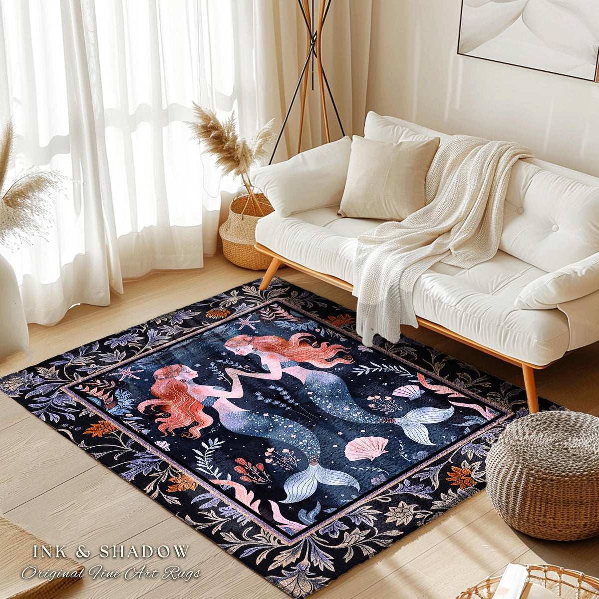 Ocean Sea Nymph Rug Art Nouveau Mystical Mermaid Underwater Decor | Whimsical Dark Oceanic Enchanted Fantasy Folklore Floor Mat Home Accent