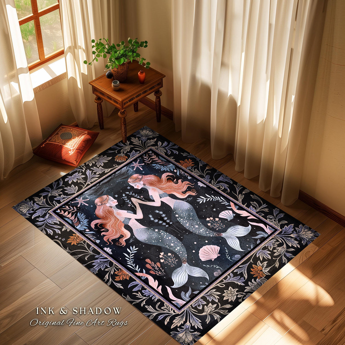 Ocean Sea Nymph Rug Art Nouveau Mystical Mermaid Underwater Decor | Whimsical Dark Oceanic Enchanted Fantasy Folklore Floor Mat Home Accent