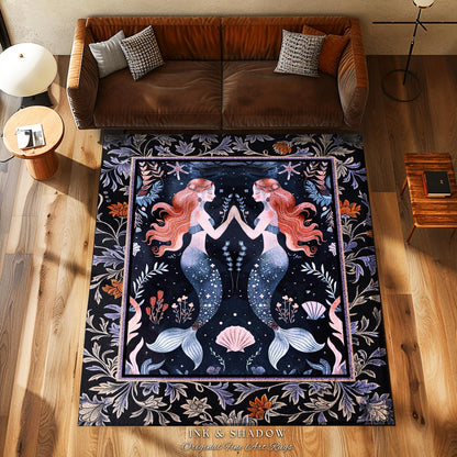 Ocean Sea Nymph Rug Art Nouveau Mystical Mermaid Underwater Decor | Whimsical Dark Oceanic Enchanted Fantasy Folklore Floor Mat Home Accent