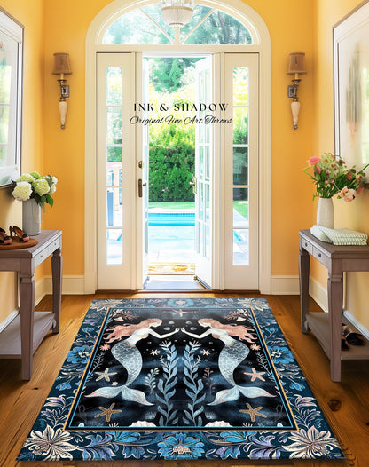 Mystical Midnight Blue Mermaid Rug Floral Oceanic Decor | Art Nouveau Coastal Cottagecore Whimsical Sea Nymph Nautical Fantasy Floor Accent