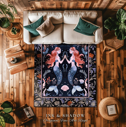 Ocean Sea Nymph Rug Art Nouveau Mystical Mermaid Underwater Decor | Whimsical Dark Oceanic Enchanted Fantasy Folklore Floor Mat Home Accent