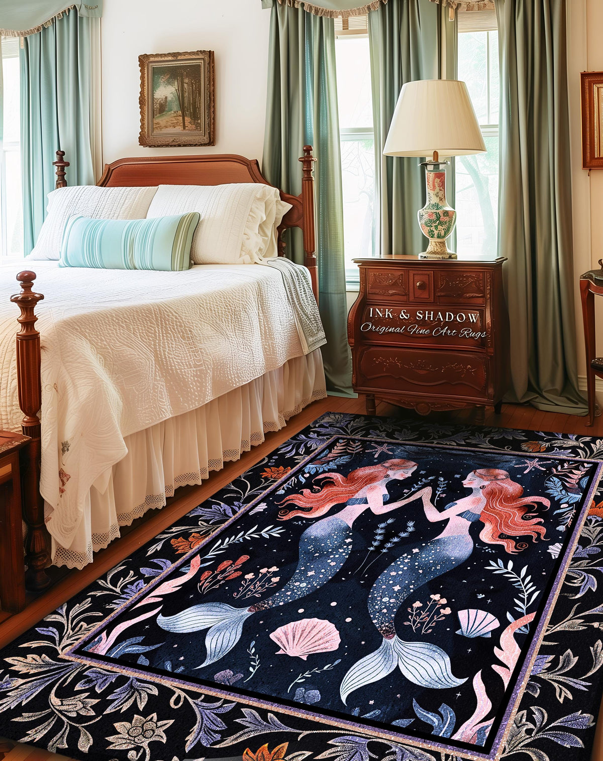 Ocean Sea Nymph Rug Art Nouveau Mystical Mermaid Underwater Decor | Whimsical Dark Oceanic Enchanted Fantasy Folklore Floor Mat Home Accent