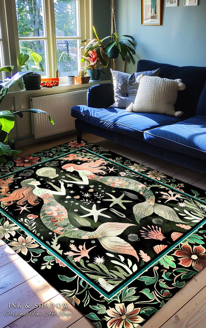 Art Nouveau Mermaid Rug Whimsical Coastal Folklore Floor Decor | Vintage Seafoam Green Enchanted Ocean Underwater Sea Maiden Whimsy Scene