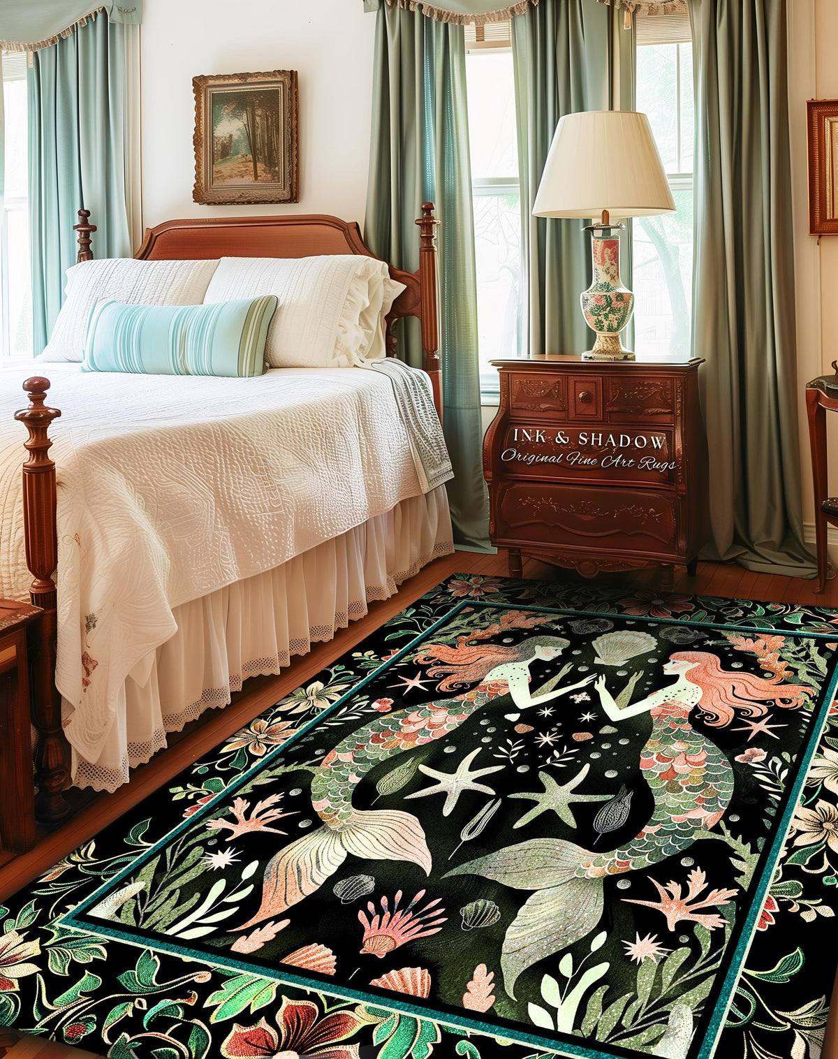 Art Nouveau Mermaid Rug Whimsical Coastal Folklore Floor Decor | Vintage Seafoam Green Enchanted Ocean Underwater Sea Maiden Whimsy Scene