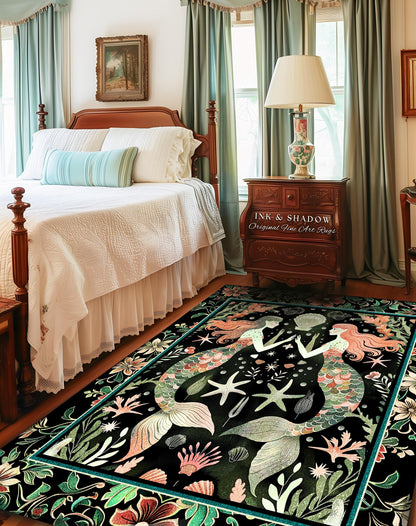 Art Nouveau Mermaid Rug Whimsical Coastal Folklore Floor Decor | Vintage Seafoam Green Enchanted Ocean Underwater Sea Maiden Whimsy Scene