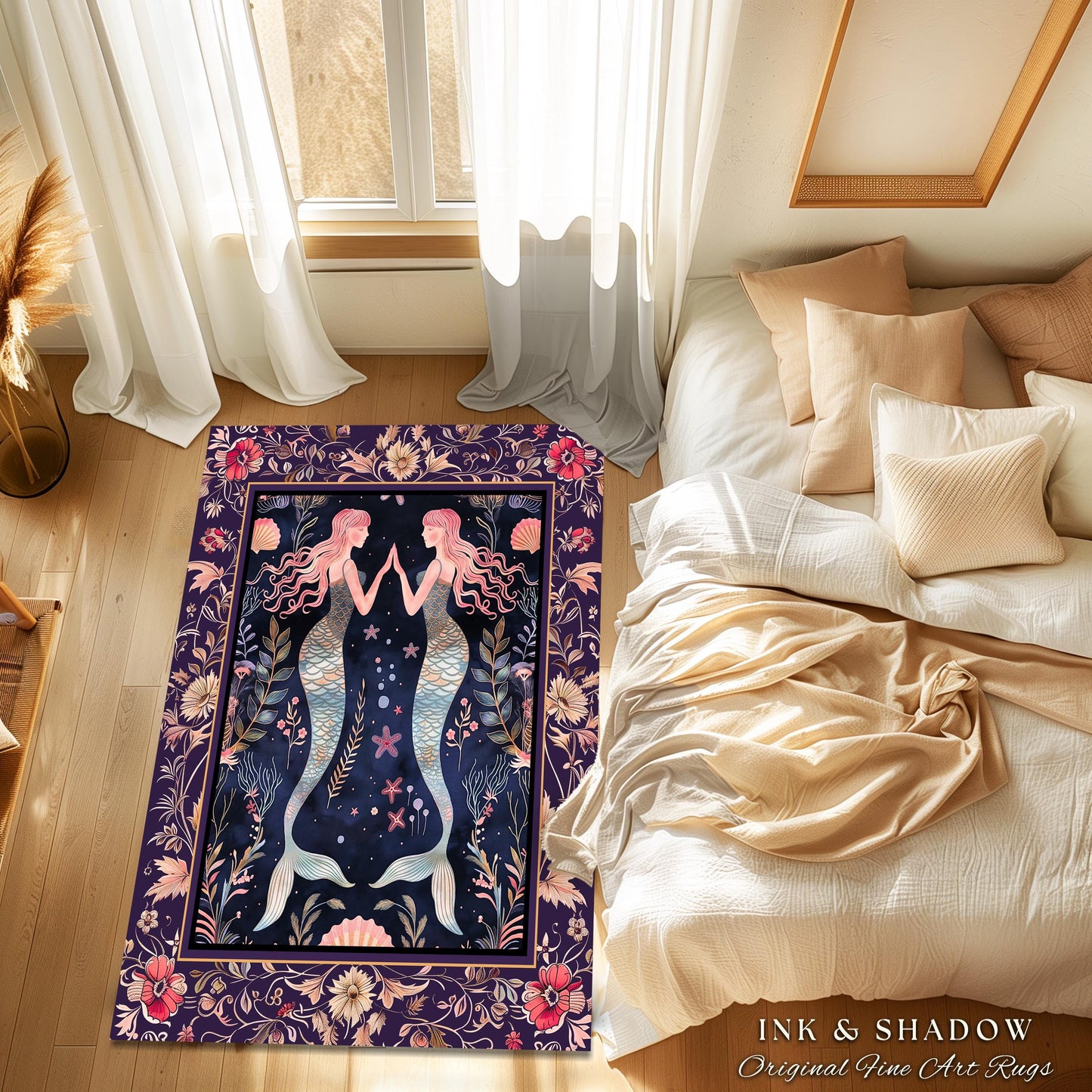 Retro Art Deco Mermaid Rug Whimsical Coastal Cottagecore | Vintage Purple Floral Enchanted Underwater Fantasy Siren Sisters Sea Scene Decor