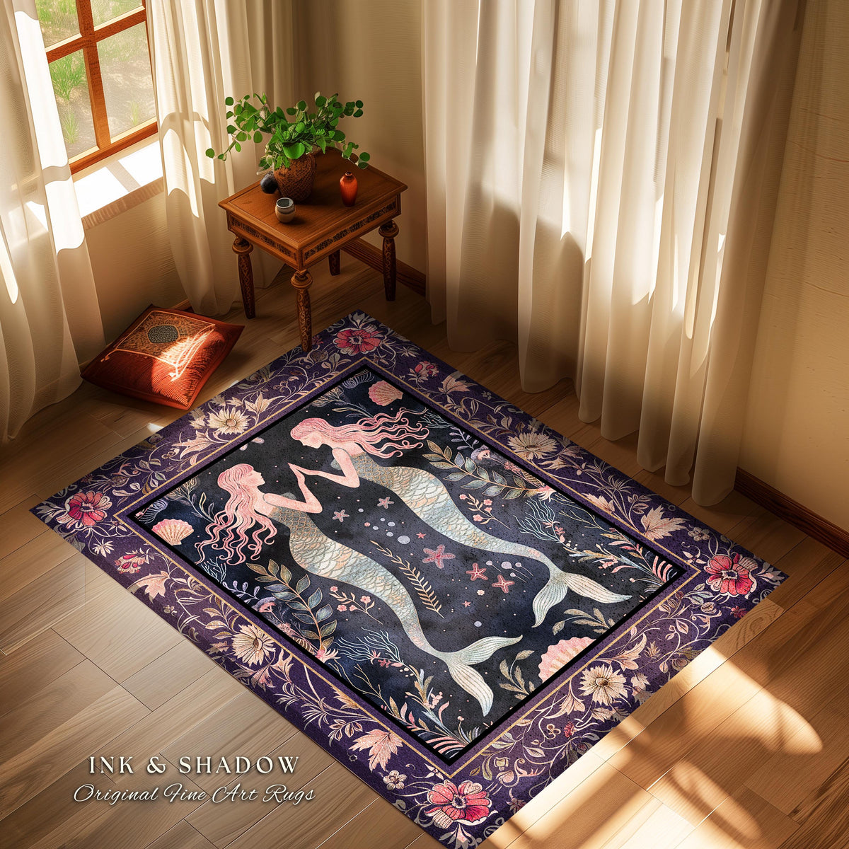 Retro Art Deco Mermaid Rug Whimsical Coastal Cottagecore | Vintage Purple Floral Enchanted Underwater Fantasy Siren Sisters Sea Scene Decor