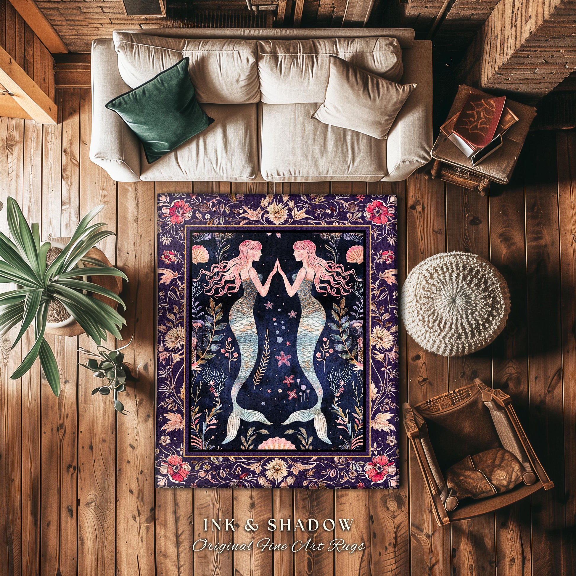 Retro Art Deco Mermaid Rug Whimsical Coastal Cottagecore | Vintage Purple Floral Enchanted Underwater Fantasy Siren Sisters Sea Scene Decor