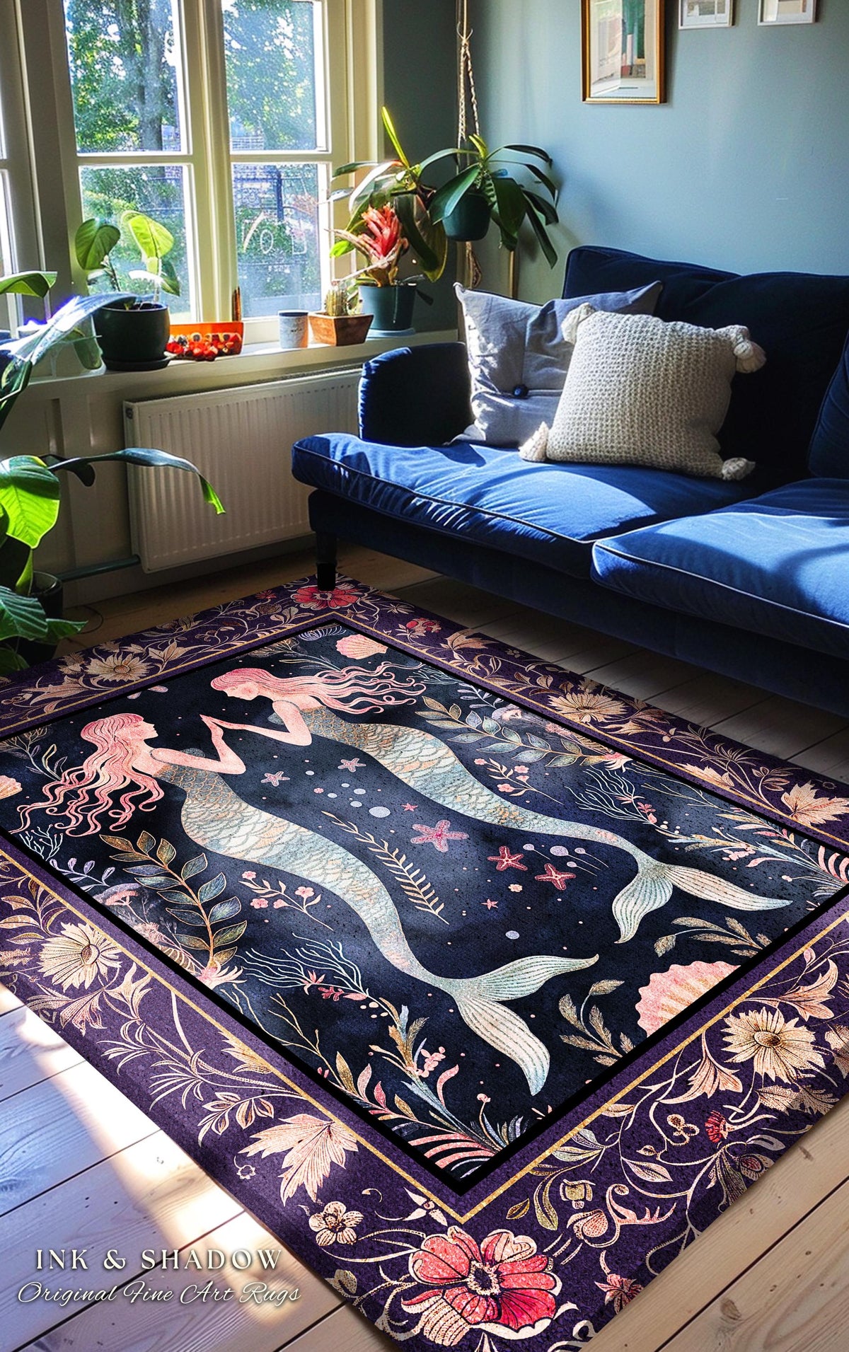 Retro Art Deco Mermaid Rug Whimsical Coastal Cottagecore | Vintage Purple Floral Enchanted Underwater Fantasy Siren Sisters Sea Scene Decor
