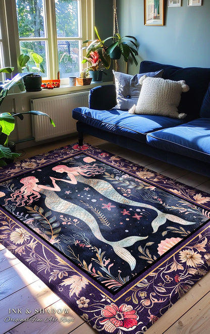 Retro Art Deco Mermaid Rug Whimsical Coastal Cottagecore | Vintage Purple Floral Enchanted Underwater Fantasy Siren Sisters Sea Scene Decor