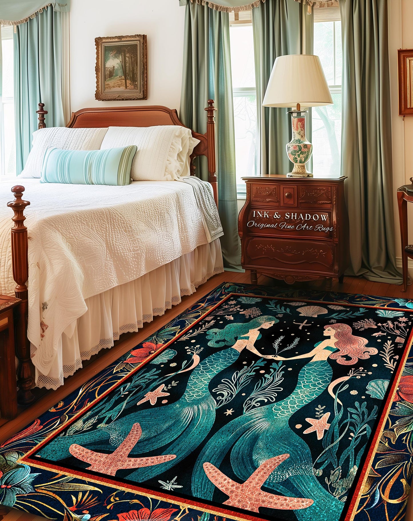 Ethereal Art Nouveau Sea Nymph Rug Whimsical Dark Academia Coastal Decor | Mystical Mermaid Cottagecore Enchanted Ocean Vintage Folklore Rug