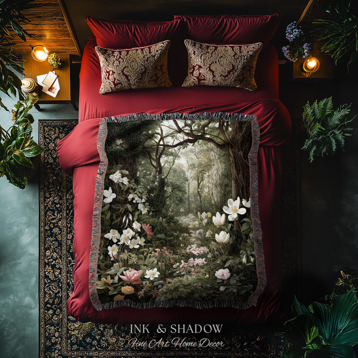 Dark Woodland Tapestry Blanket | Whimsigothic Wall Art Woven Tapestry Victorian Gothic Aesthetic Dark Botanical Floral Fairycore Home Decor