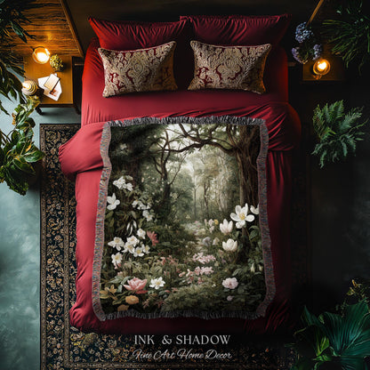 Dark Woodland Tapestry Blanket | Whimsigothic Wall Art Woven Tapestry Victorian Gothic Aesthetic Dark Botanical Floral Fairycore Home Decor