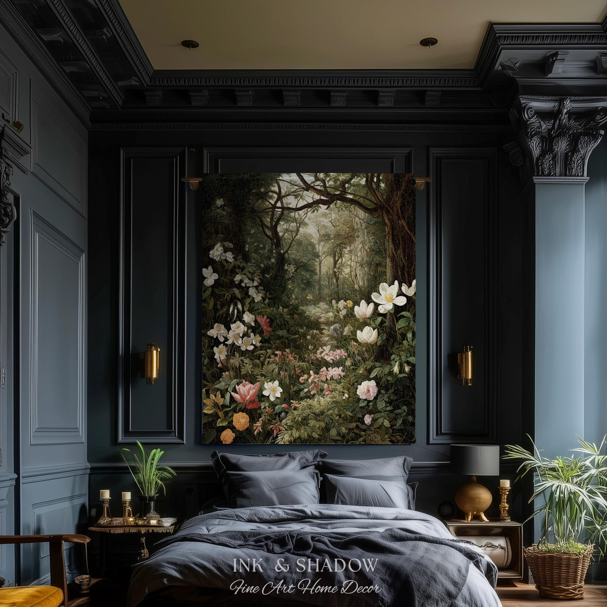 Dark Woodland Tapestry Blanket | Whimsigothic Wall Art Woven Tapestry Victorian Gothic Aesthetic Dark Botanical Floral Fairycore Home Decor