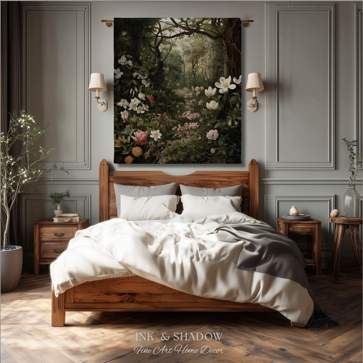 Dark Woodland Tapestry Blanket | Whimsigothic Wall Art Woven Tapestry Victorian Gothic Aesthetic Dark Botanical Floral Fairycore Home Decor