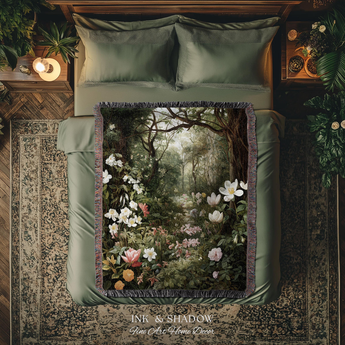 Dark Woodland Tapestry Blanket | Whimsigothic Wall Art Woven Tapestry Victorian Gothic Aesthetic Dark Botanical Floral Fairycore Home Decor