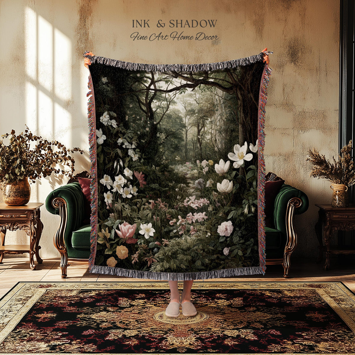 Dark Woodland Tapestry Blanket | Whimsigothic Wall Art Woven Tapestry Victorian Gothic Aesthetic Dark Botanical Floral Fairycore Home Decor