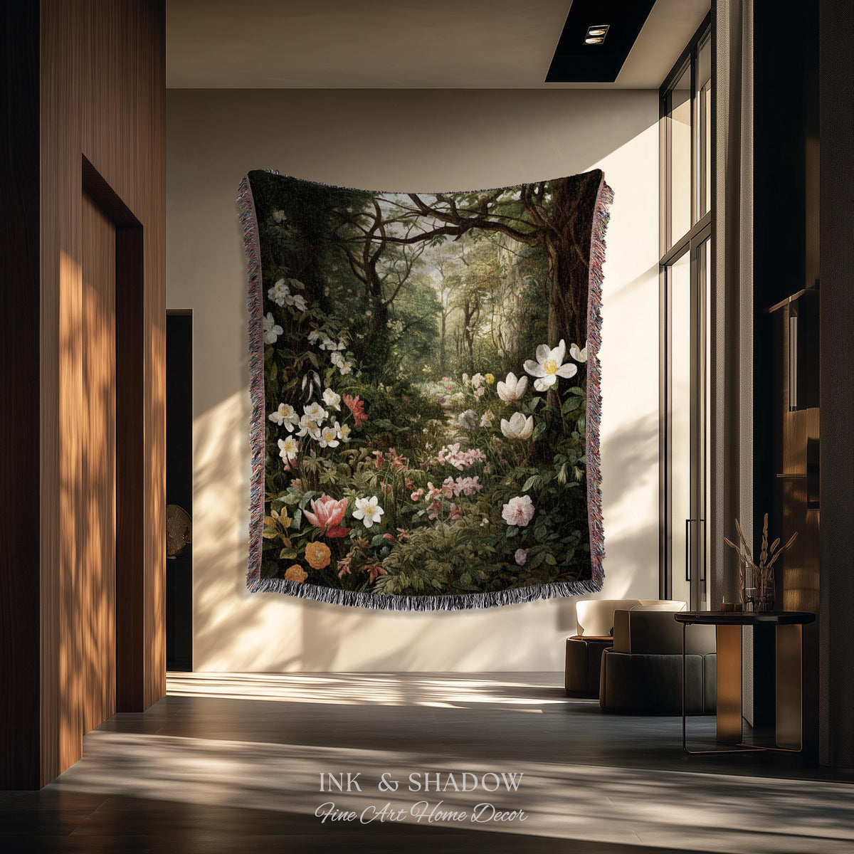 Dark Woodland Tapestry Blanket | Whimsigothic Wall Art Woven Tapestry Victorian Gothic Aesthetic Dark Botanical Floral Fairycore Home Decor