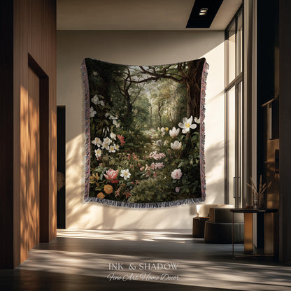 Dark Woodland Tapestry Blanket | Whimsigothic Wall Art Woven Tapestry Victorian Gothic Aesthetic Dark Botanical Floral Fairycore Home Decor