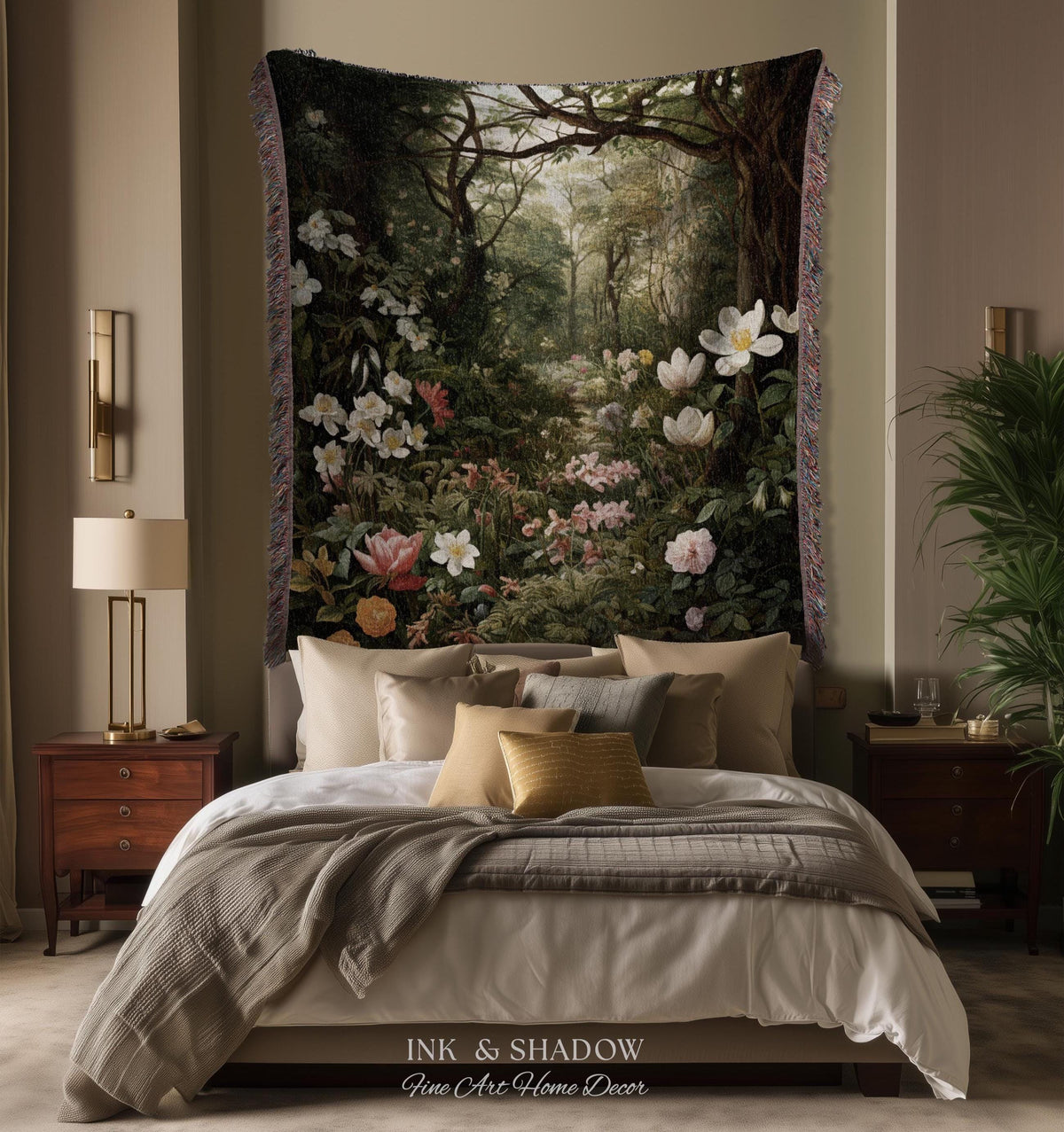 Dark Woodland Tapestry Blanket | Whimsigothic Wall Art Woven Tapestry Victorian Gothic Aesthetic Dark Botanical Floral Fairycore Home Decor