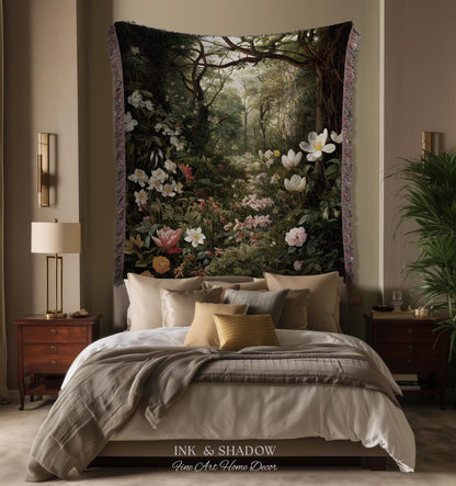 Dark Woodland Tapestry Blanket | Whimsigothic Wall Art Woven Tapestry Victorian Gothic Aesthetic Dark Botanical Floral Fairycore Home Decor
