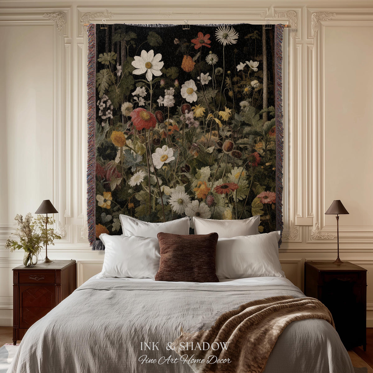 Whimsigothic Wildflowers Fairy Grunge Dark Botanical Woven Blanket | Moody Victorian Gothic Floral Art Academia Tapestry Throw Wall Hanging